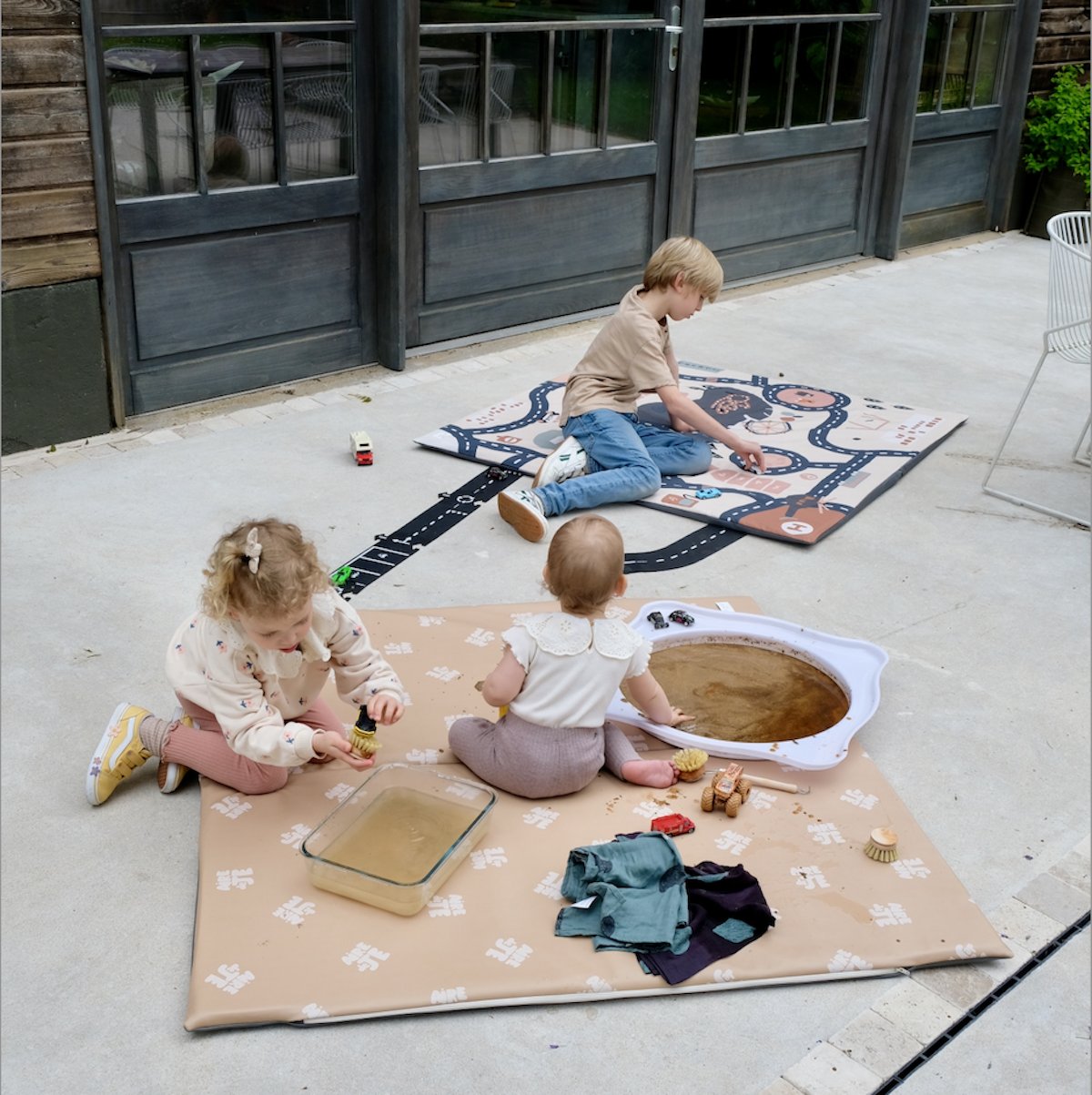 waterproof slip-on cover for baby and child activity and motor skills mat waterproof printed play area beige