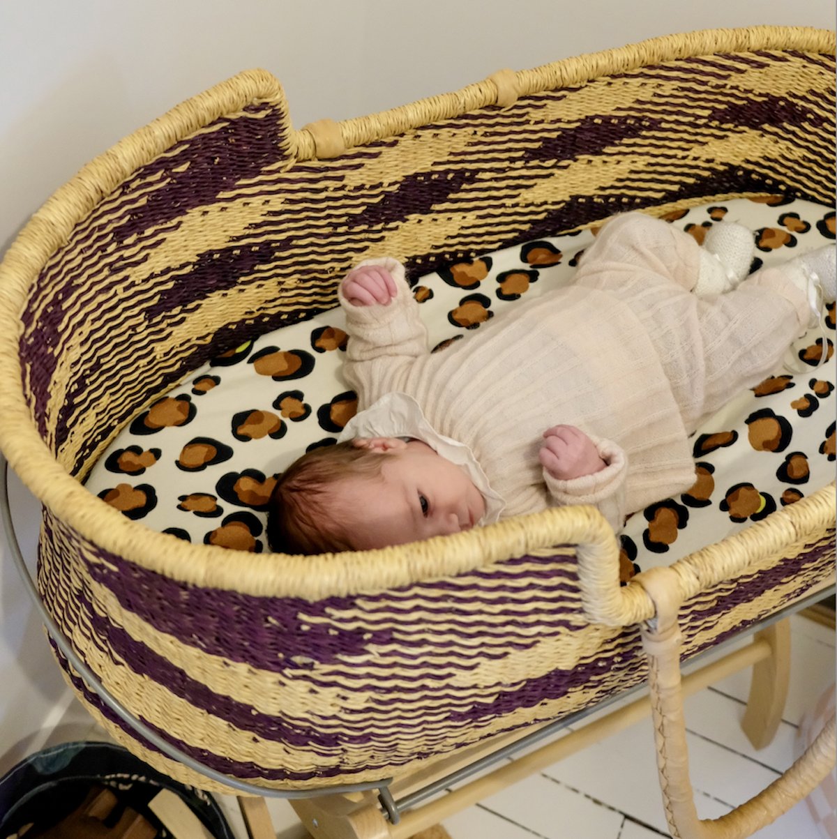 changing mat and Moses basket cover in printed leopard jersey