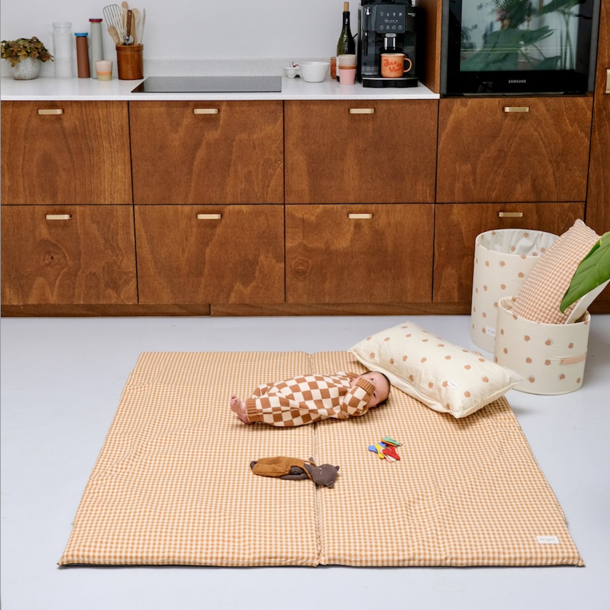 Bezug für Krabbelmatte Motorikmatte und Spielmatte Baby Kind Vichykaro Farbe Karamell 