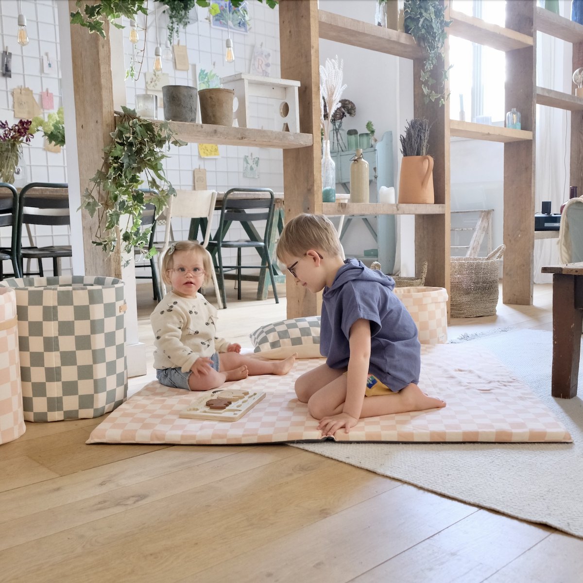 panier de rangement chambre enfant bebe grand format motif damier vert