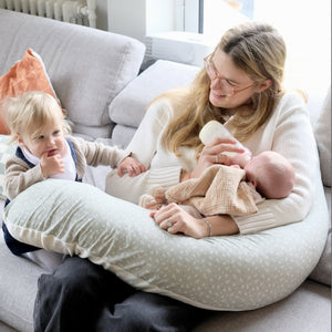 maternity and breastfeeding pillow for baby and mum in super soft jersey sage colourway