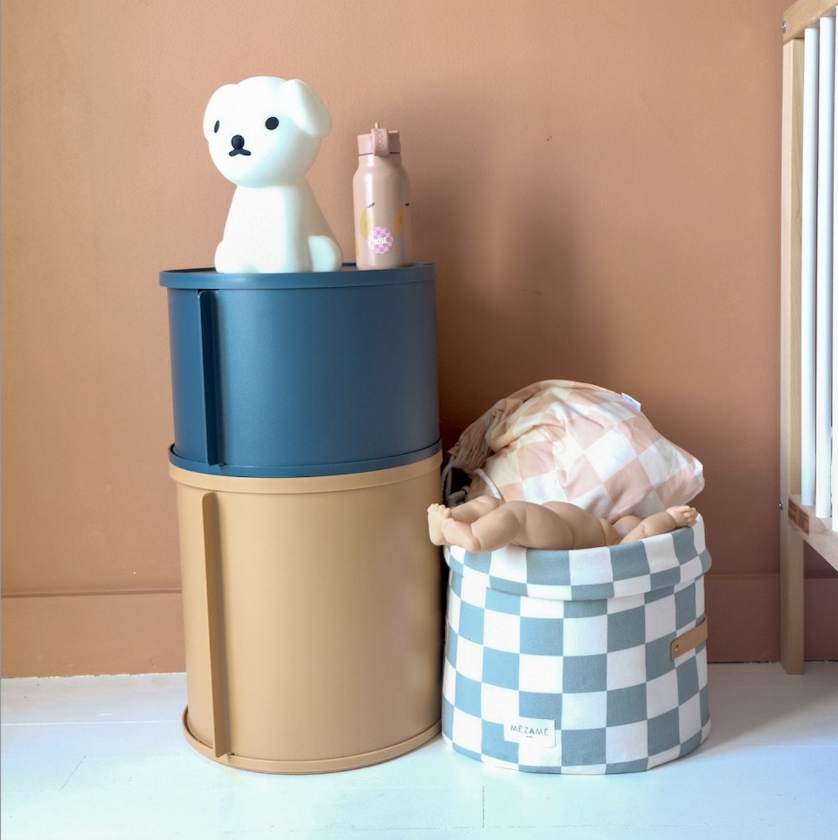 small green checkerboard pattern toy storage basket for baby and child's room