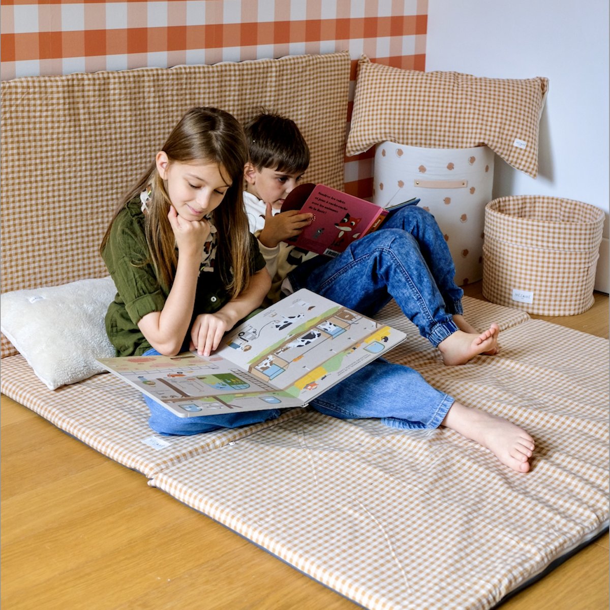 XXL large format baby and toddler activity and quiet time play mat caramel gingham colour
