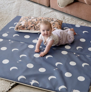 DIY waterproof baby and toddler activity mat for motor skills and play, moon print, blue, to the moon